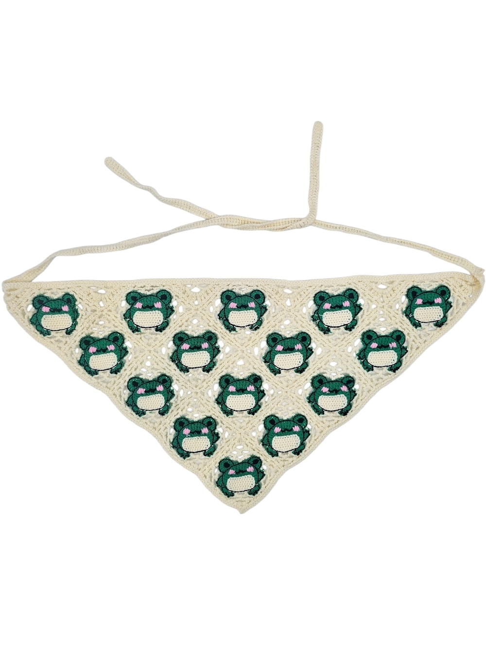 Crochet Frog Bandana Head Scarf Cream Green Cottagecore Fairy Grunge Goblincore